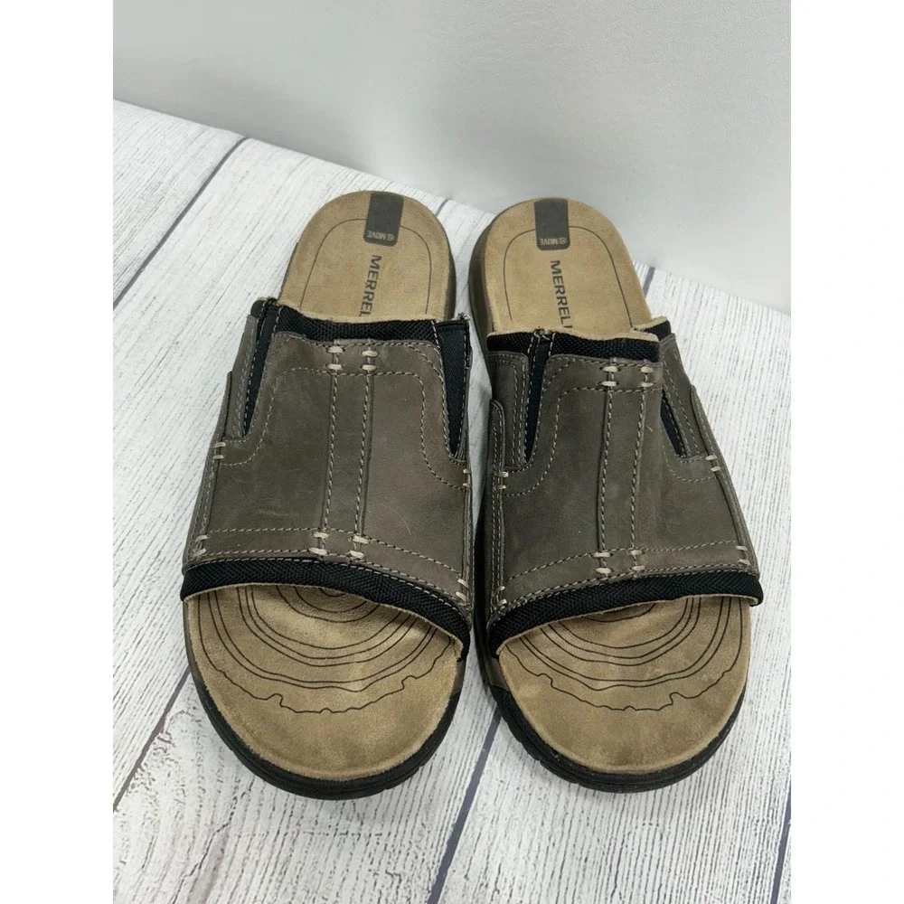 Merrell Boulder Slide Sandals Mens 8 Brown Leather Slip On Comfort Outdoor